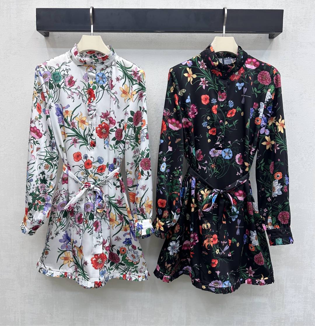 GG SS26 Flora Print Mini Dress Black Multicolor Silk 351771