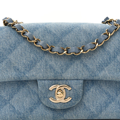 Printed Denim Quilted Mini Rectangular Flap Light Blue