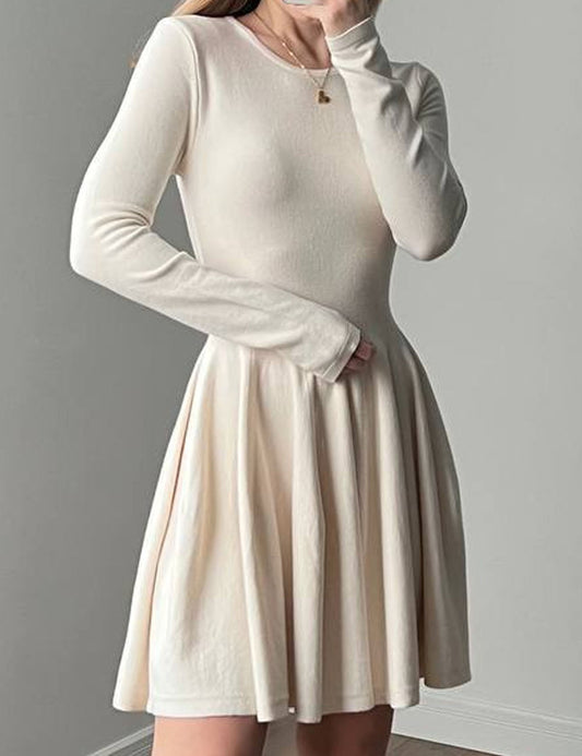 Elegant Round Neck Long Sleeve Flare Mini Dress