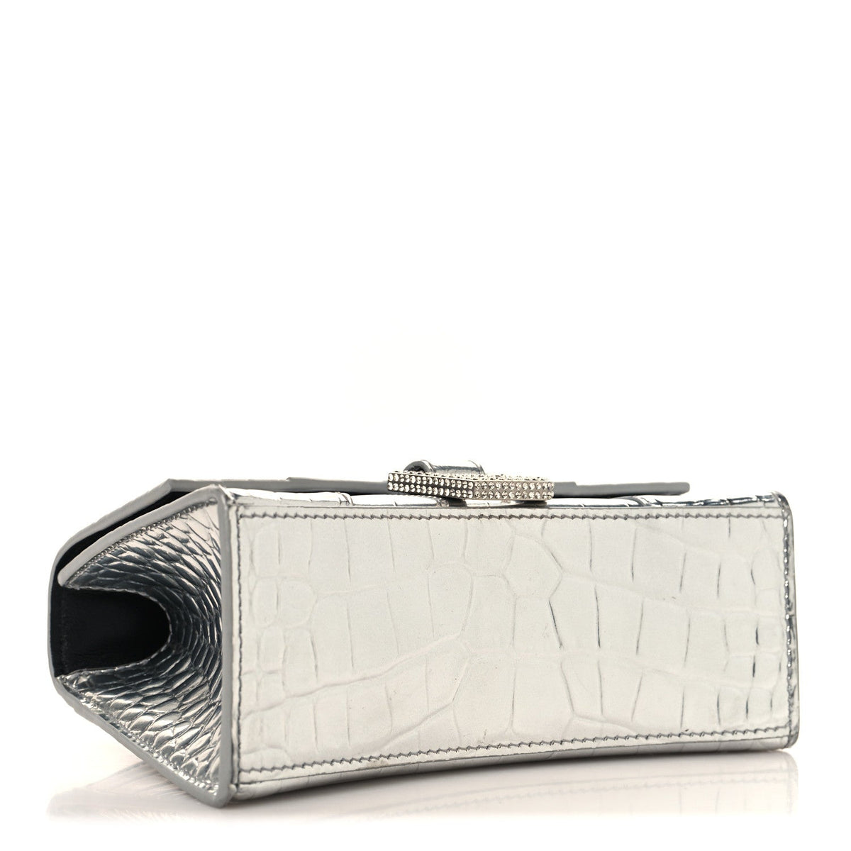 Metallic Calfskin Crocodile Embossed Crystal Hourglass Top Handle Bag XS Silver