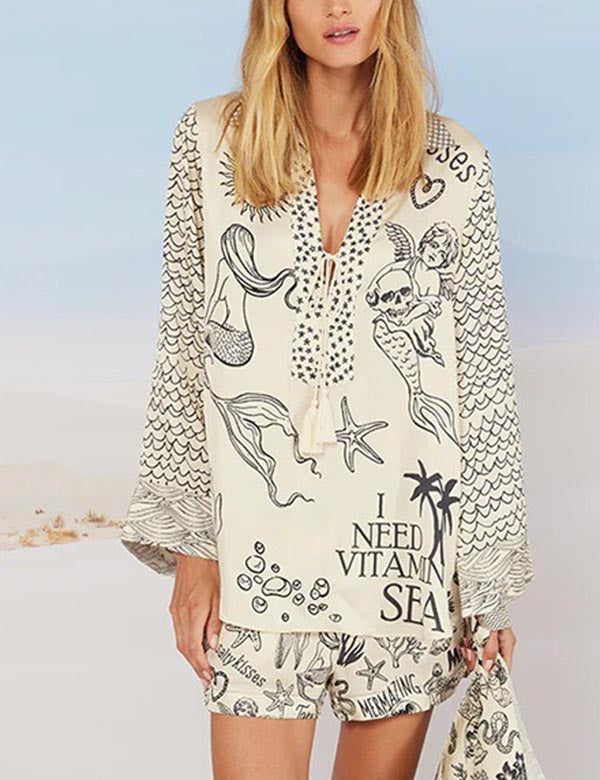 Casual Print Deep V-Neck Top Short Set