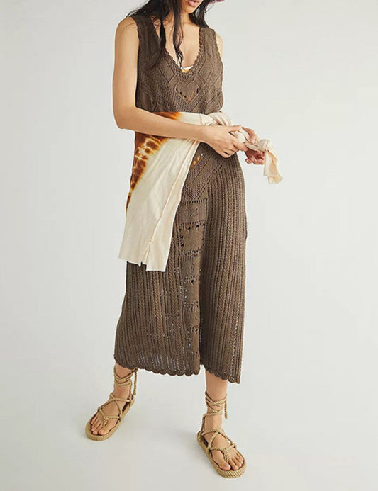 Solid Color Loose Knit Swim Cover Up Dress