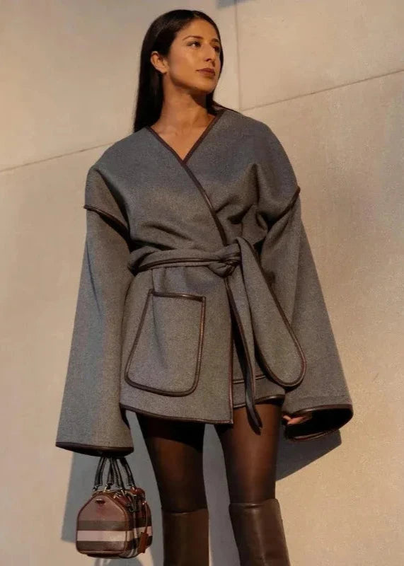 Wrap Coat Wool Blend Oversized Sleeve Style