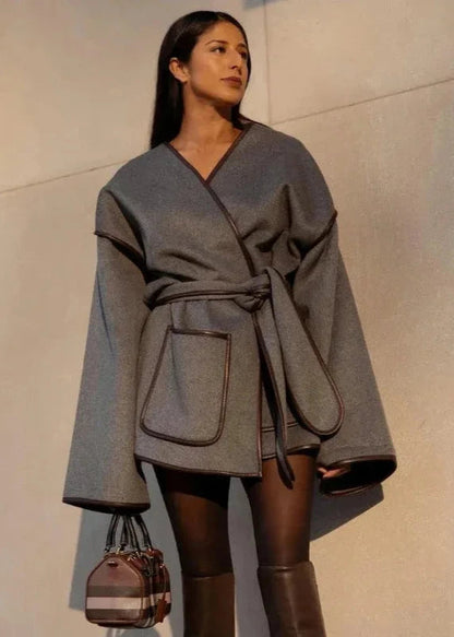 Wrap Coat Wool Blend Oversized Sleeve Style