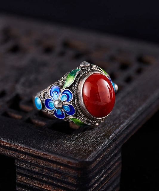 Retro Red Sterling Silver Agate Cloisonne Rings