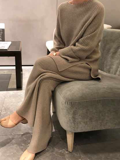 Long Sleeves Wrap Solid Color Split-Side Round-Neck Sweater Tops&Pants Suits