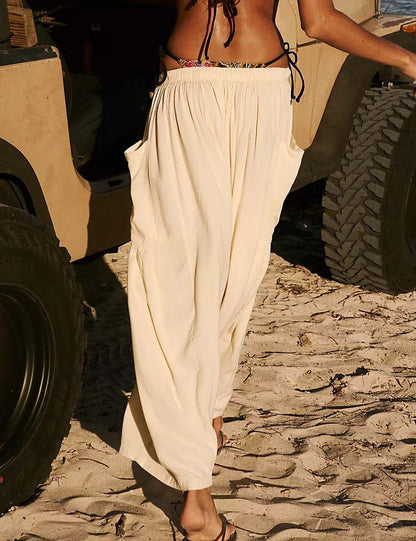 Solid Color String Elastic Waist Loose Pants
