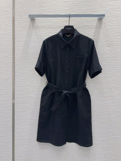 YSL 2025 Shirt Dress Black Flax Cotton