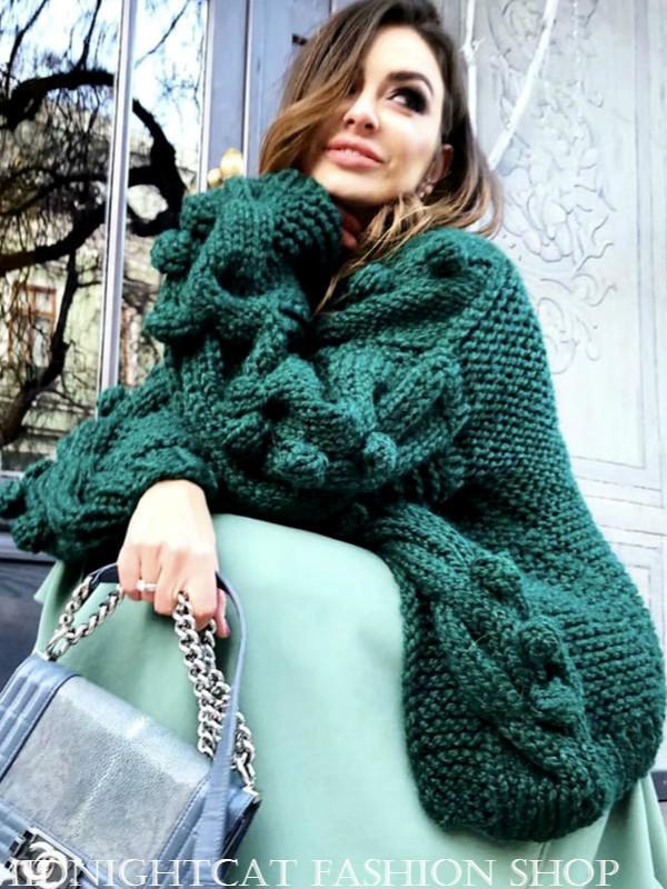 Autumn Winter  New European American Style Pure Hand-Woven Ball Big Hemp Sweater Fashion Sweater Women Cardigans  V-Neck