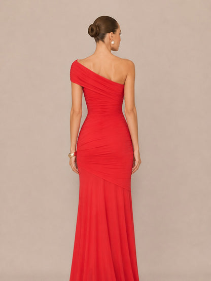 Marcella Asymmetric Neckline Strapless Back-Revealing Bodycon Maxi Dress