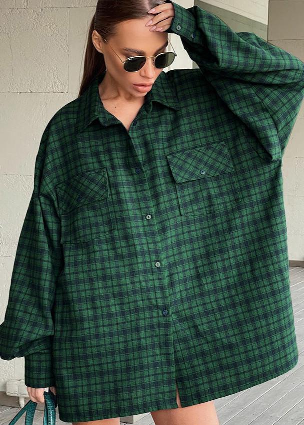 Oversized Plaid Shirt Cotton Retro Green Style