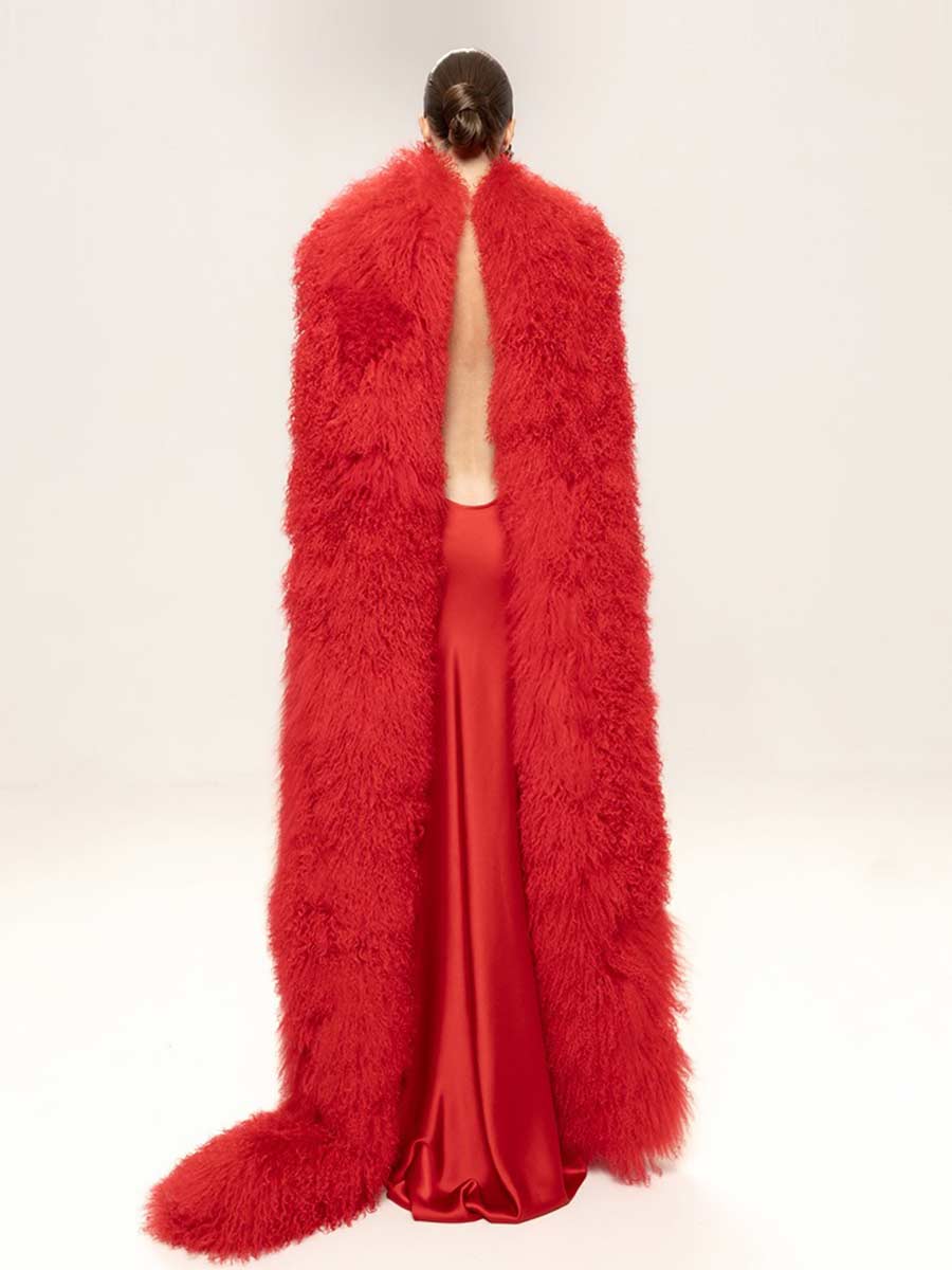 Elina Strapless Fringe Maxi Dress with Fur Collar