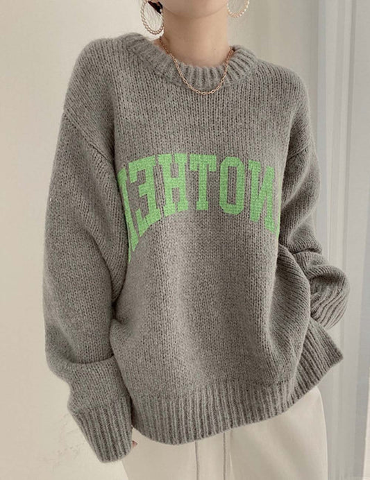 Fall Letter Print Round Neck Oversized Knit Sweater