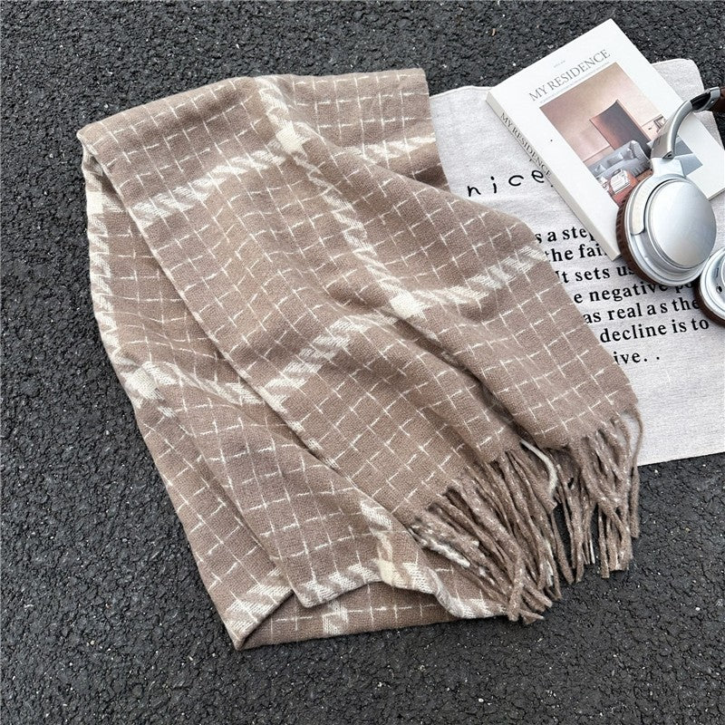 Color Block Plaid Fringe Scarf