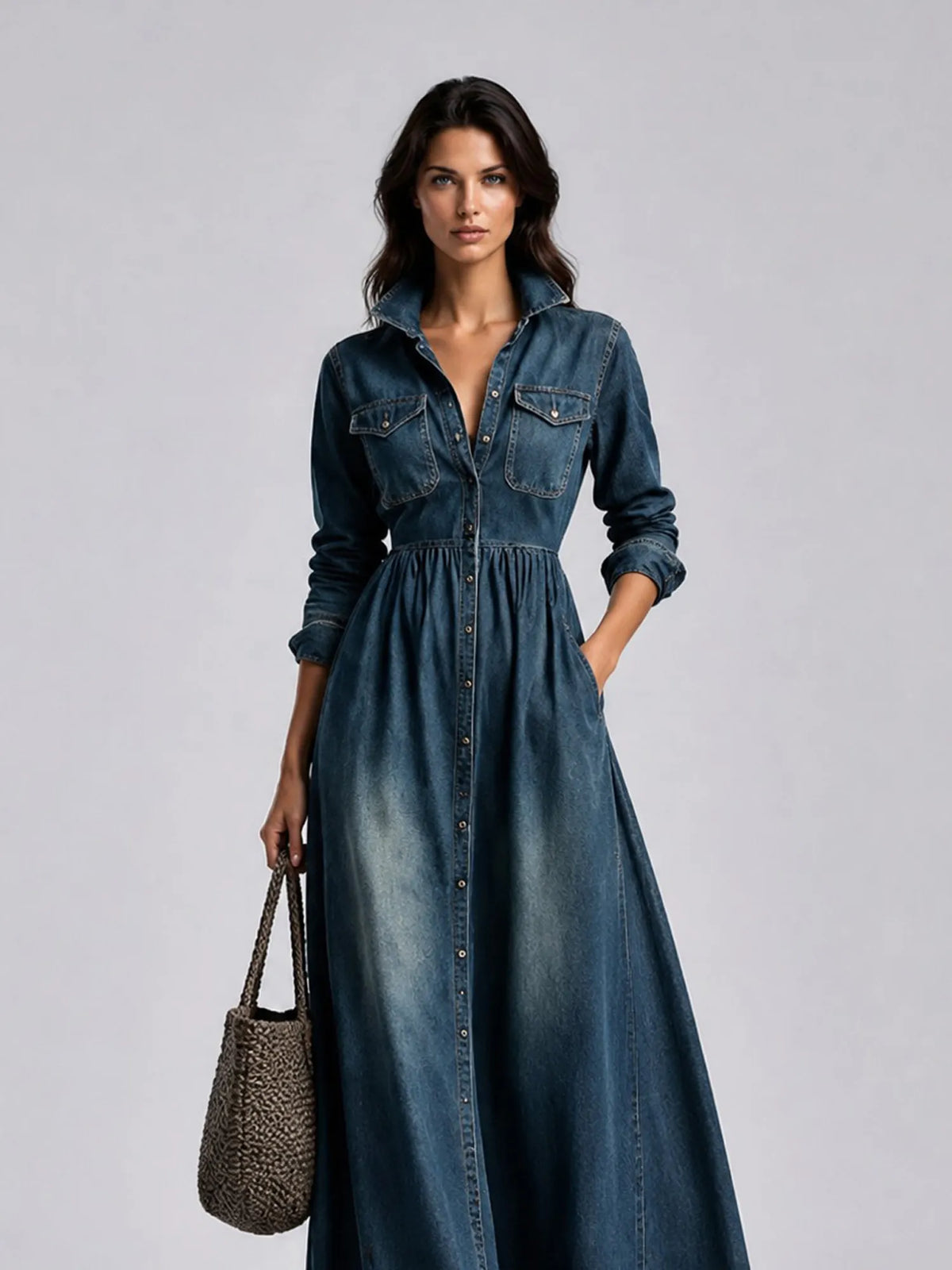 Aubrey Retro-style Long-sleeved Denim Maxi Dress