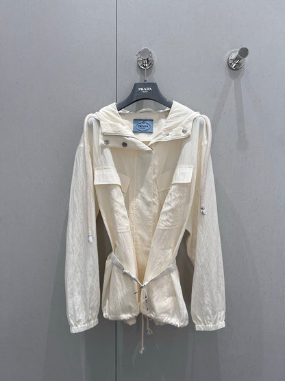 Prada 25 Hooded Zipper Jacket Beige Cotton 215233