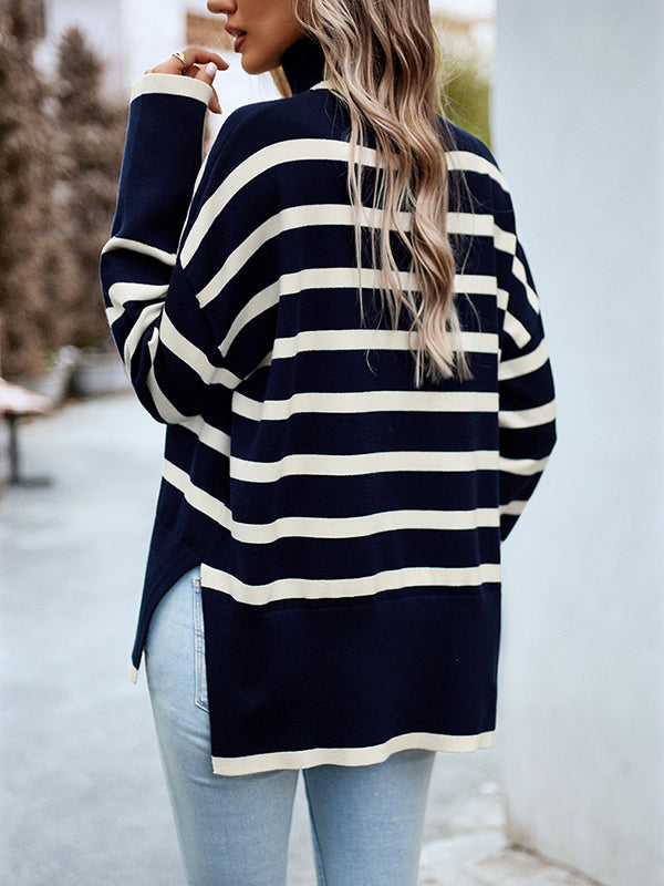 Loose Wrap Contrast Color Split-Side Striped High-Neck Sweater Tops