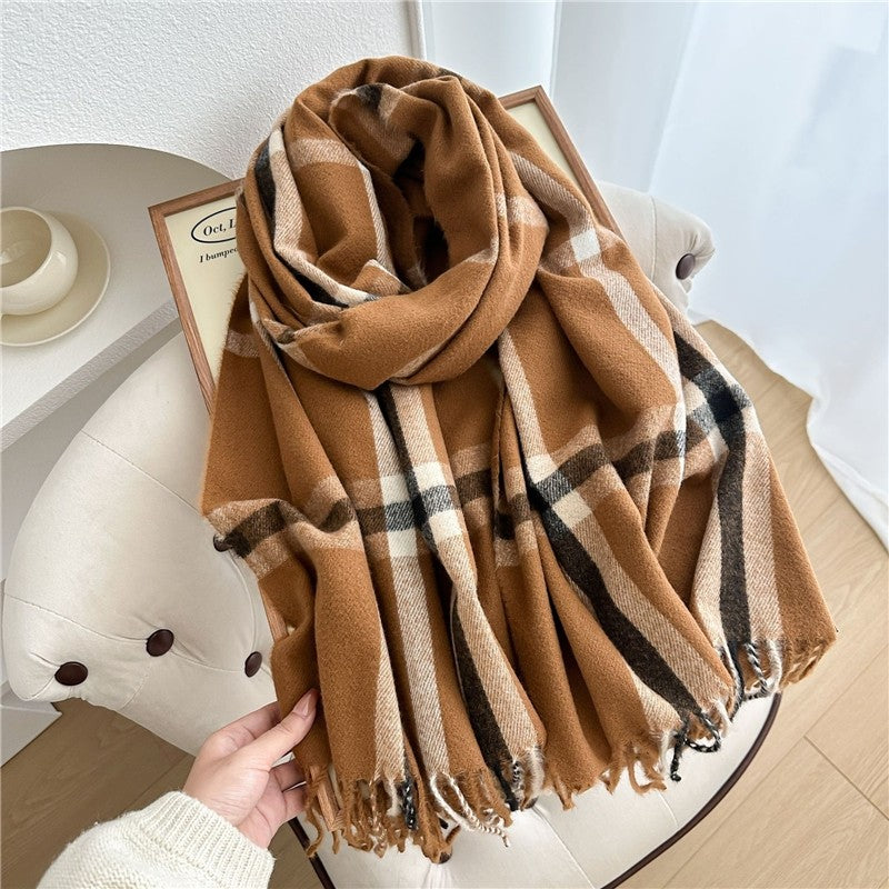 Color Block Plaid Fringe Scarf