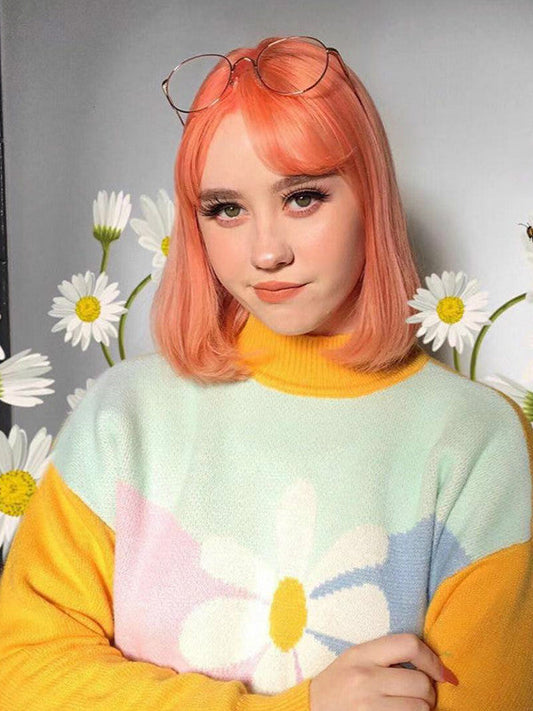 Young Gilrs Macaron Color Patchwork Sweater  Winter Sweet Flower Print Loose Pullover Street Cute Long-Sleeve Jumper Femme