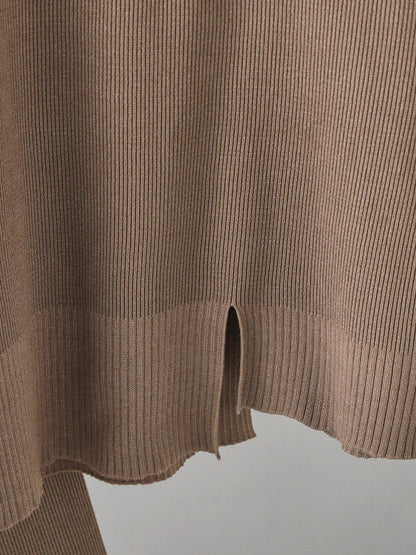 Casual Long Sleeves Irregularity Split-Front Round-Neck Sweater Tops & Wide Leg Pants Two Pieces Set
