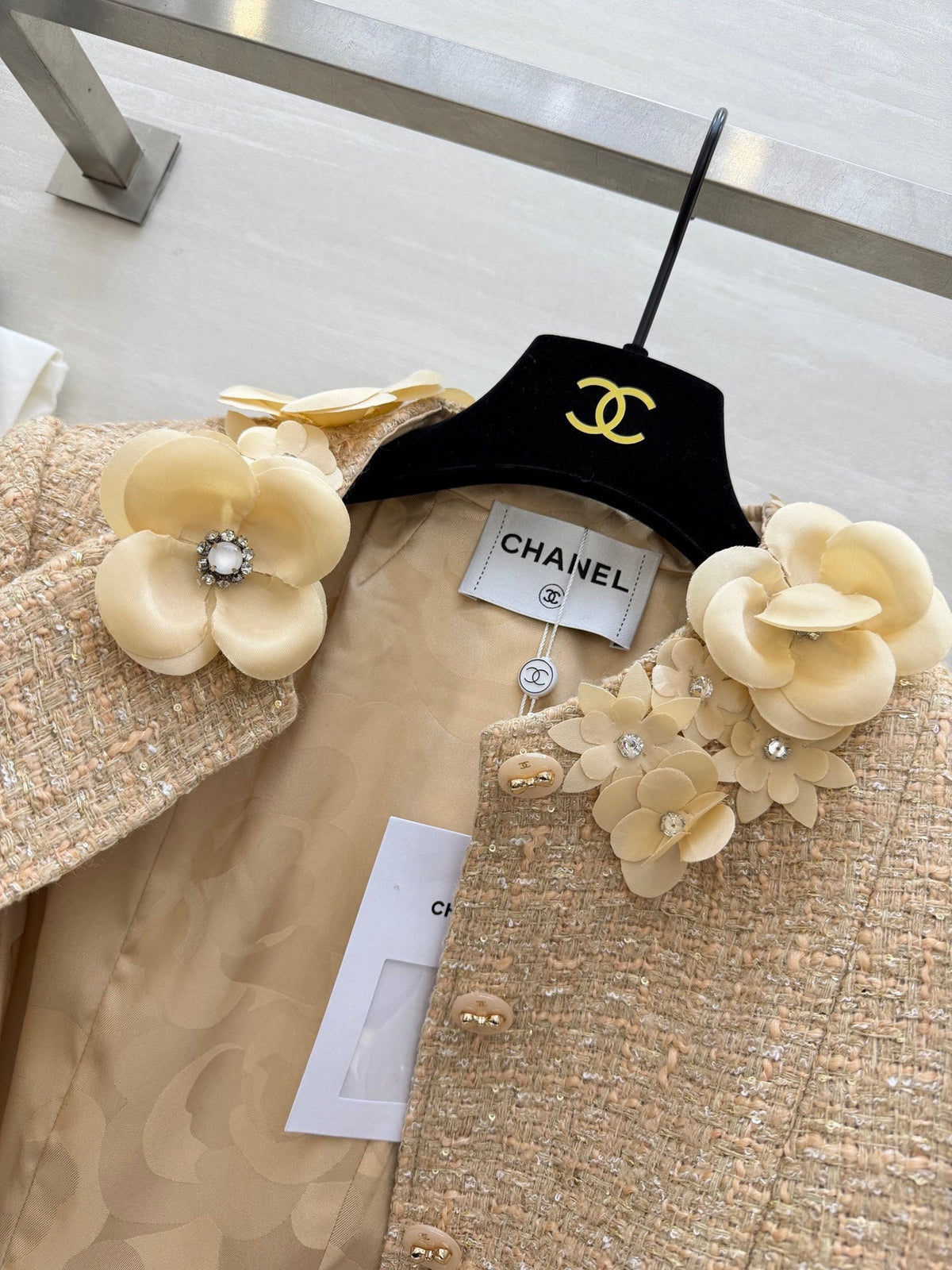 CC 26s Coat 3D Floral Embellished Beige Wool Blend Tweed