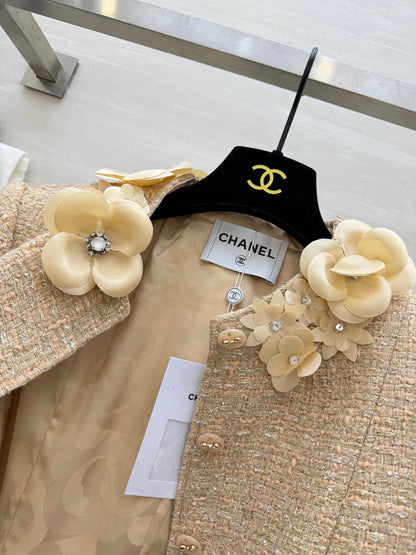 CC 26s Coat 3D Floral Embellished Beige Wool Blend Tweed