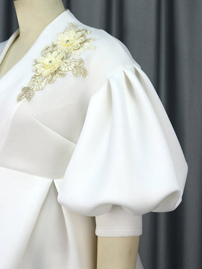 Half Sleeves Loose Asymmetric Embroidered Pleated Split-Joint Deep V-Neck Blouses&Shirts Tops