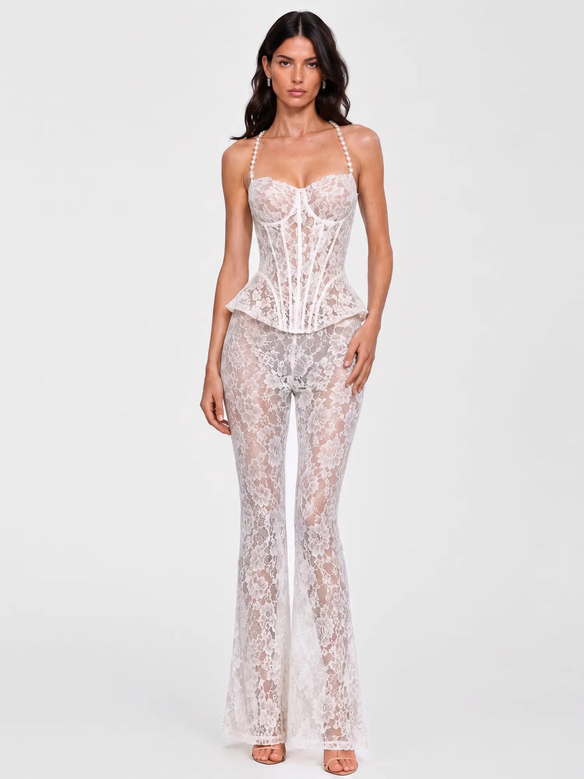 Annabel Lace Embroidery and Pearl-Strap Top with Trousers Set