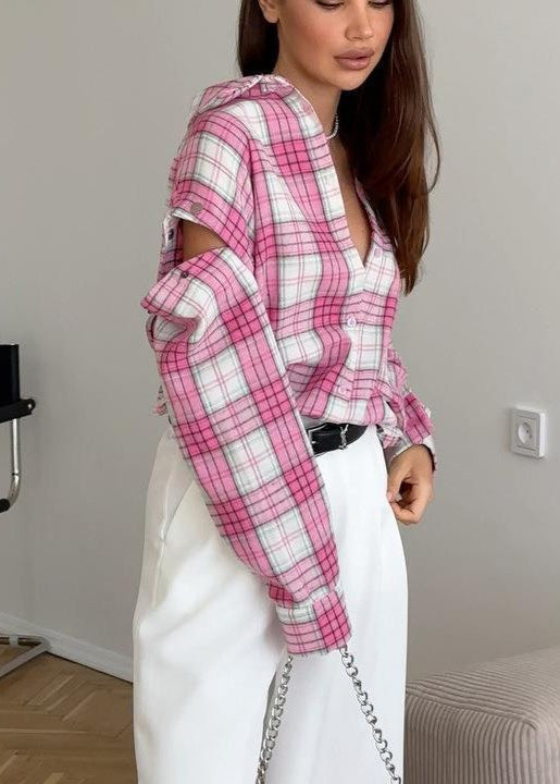 Oversized Pink Plaid Shirt Cotton Blend Soft Fabric