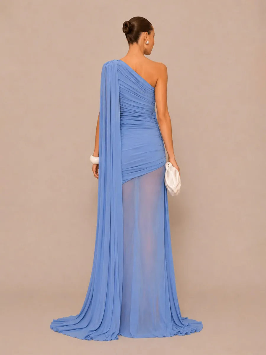 Isla One-Shoulder Cape Maxi Dress with Mesh Paneling
