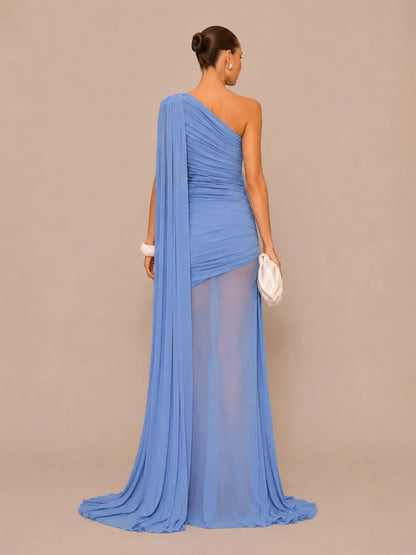 Isla One-Shoulder Cape Maxi Dress with Mesh Paneling