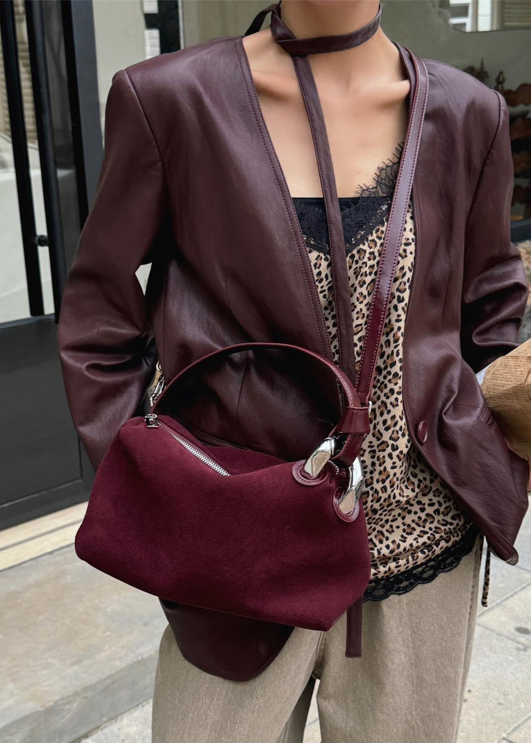 Suede Shoulder and Crossbody Bag With Leather Straps