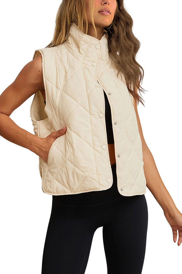 Quilted cotton stand-collar lightweight button-up vest