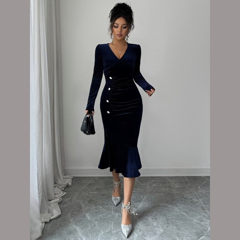 V-Neck Long-Sleeved Bodycon Dress