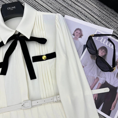 PRADA 25S LONG-SLEEVE COLLARED PLEATED DRESS 360