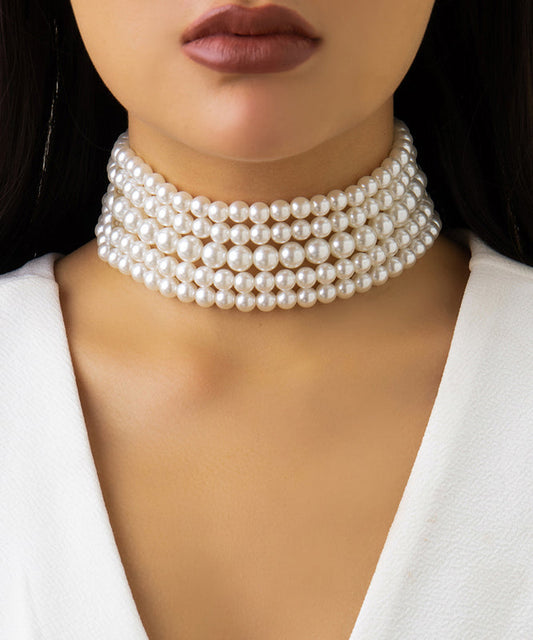 Elegant White Metal Multi Layer Pearl Necklace