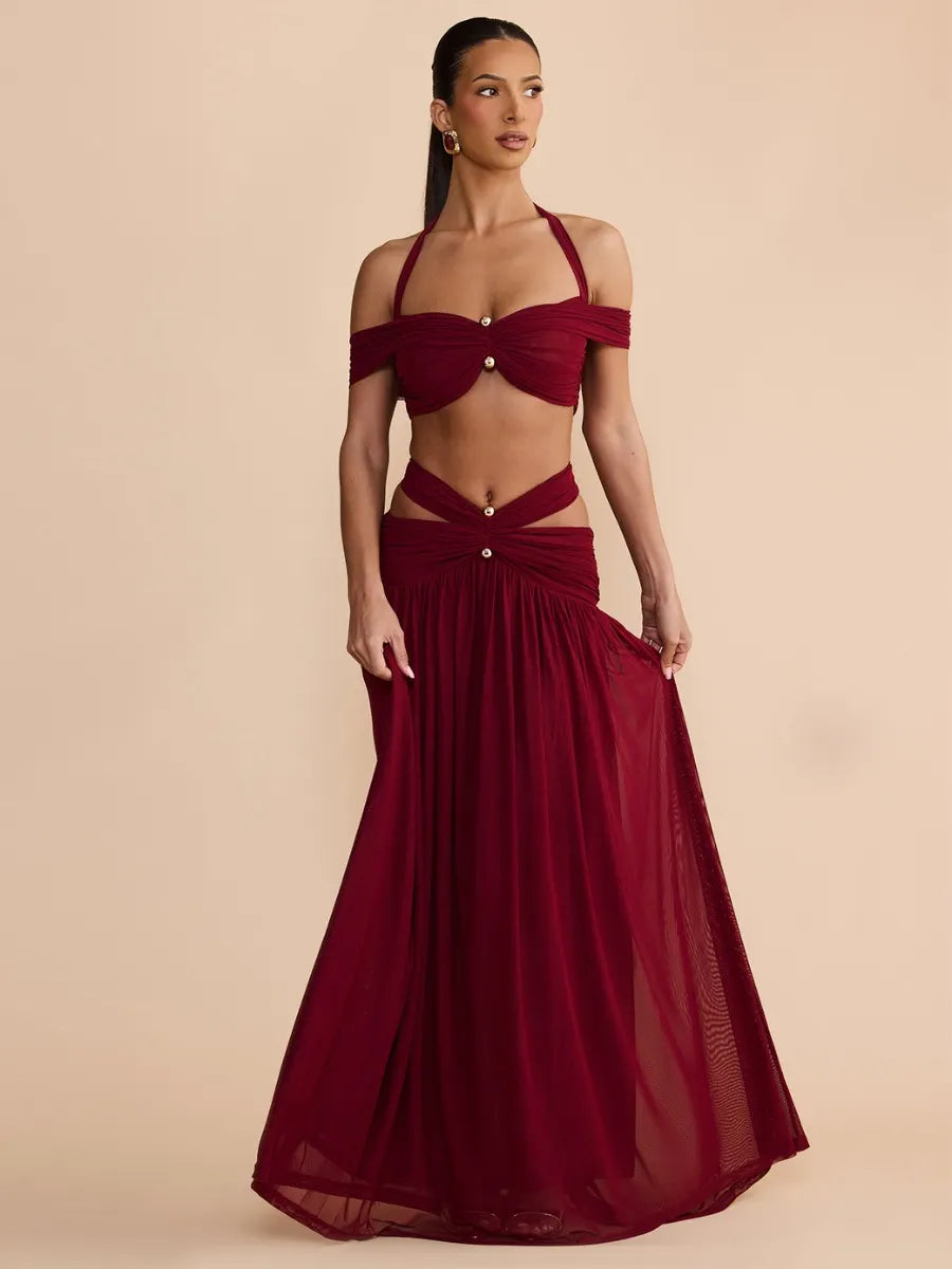 Marisol Cut Out Halter Mesh Maxi Dress Set