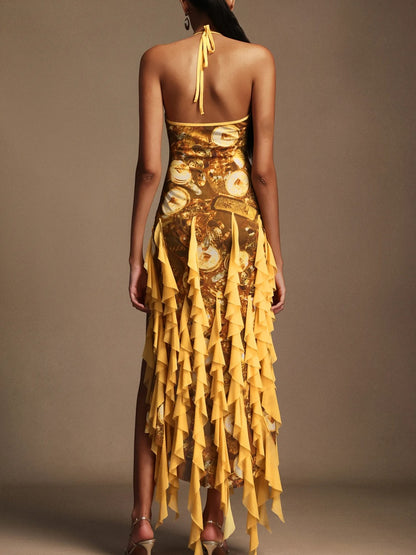 Seraphina Print Halter Ruffled Chiffon Maxi Dress