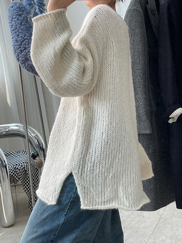 Casual Loose Long Sleeves Split-Side Solid Color High-Neck Sweater Tops