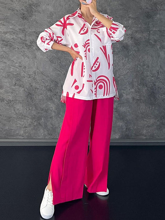 Lapel Printed High-Low Blouse+ Elasticity High Waisted Split-Side Pants Bottom Two Pieces Set
