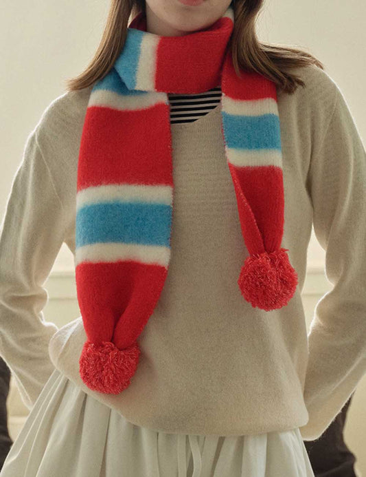 Cute Knit Striped Scarf with Pom Pom