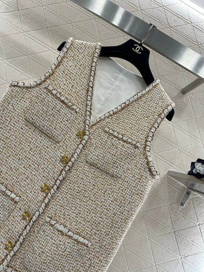 CC 26 Vest With Gold-colored Buttons Beige Tweed Fabric