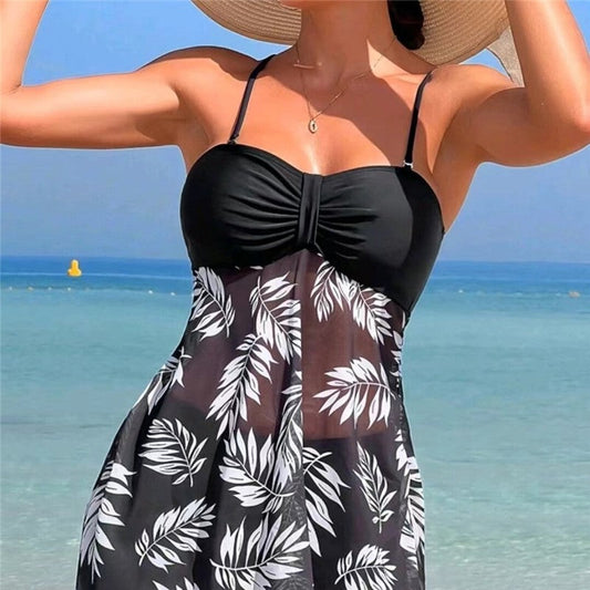 Split Skirt Conservative Mesh Sheer Flesh Printed Swimsuit