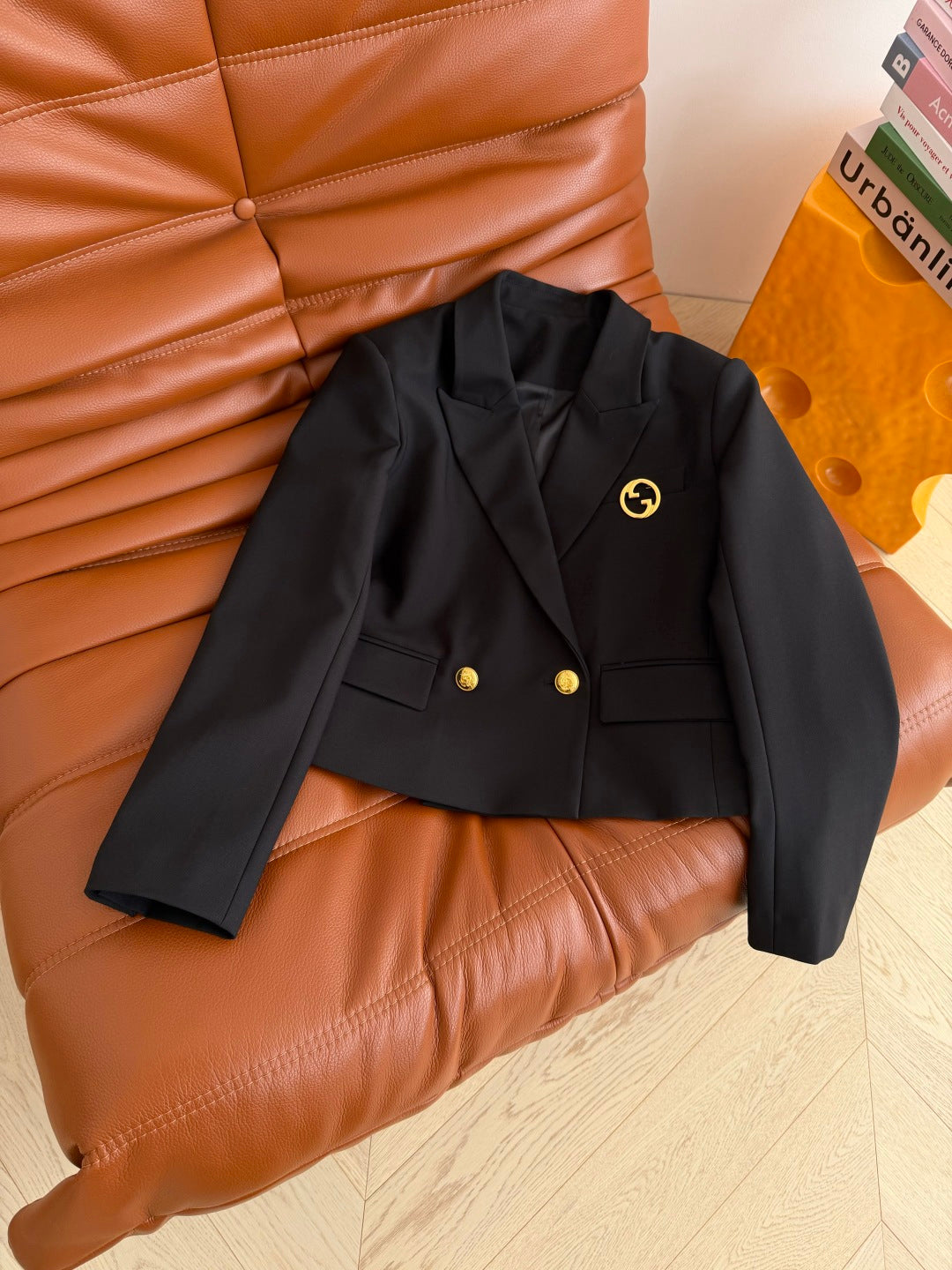 GG SS26Cropped Blazer Pleated Mini Skirt Set Black Cotton 347123