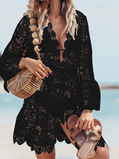 Women'S New Beach Bikini Top Sexy Fake Lace Long-Sleeved V Collar Dress