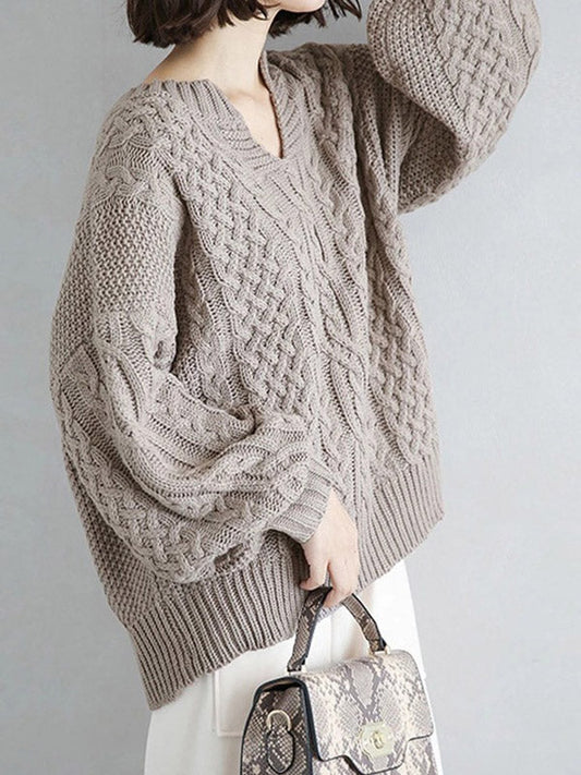 Stylish Loose Jacquard Solid Color V-Neck Sweater