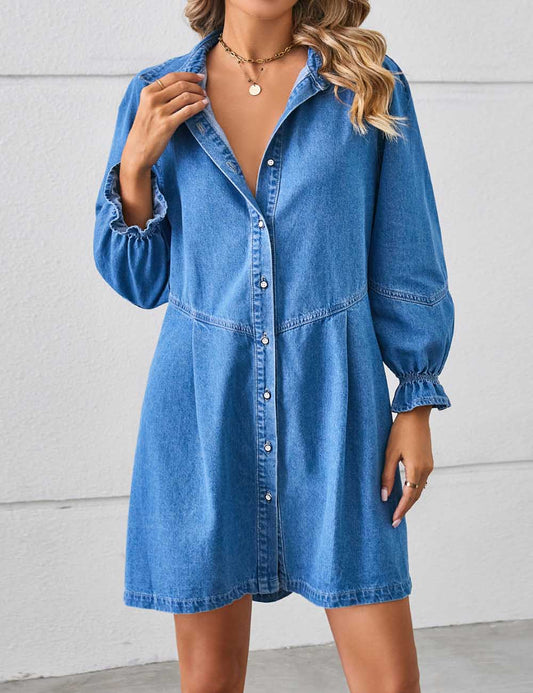 Denim Splice Washed Long Sleeve Midi Dress