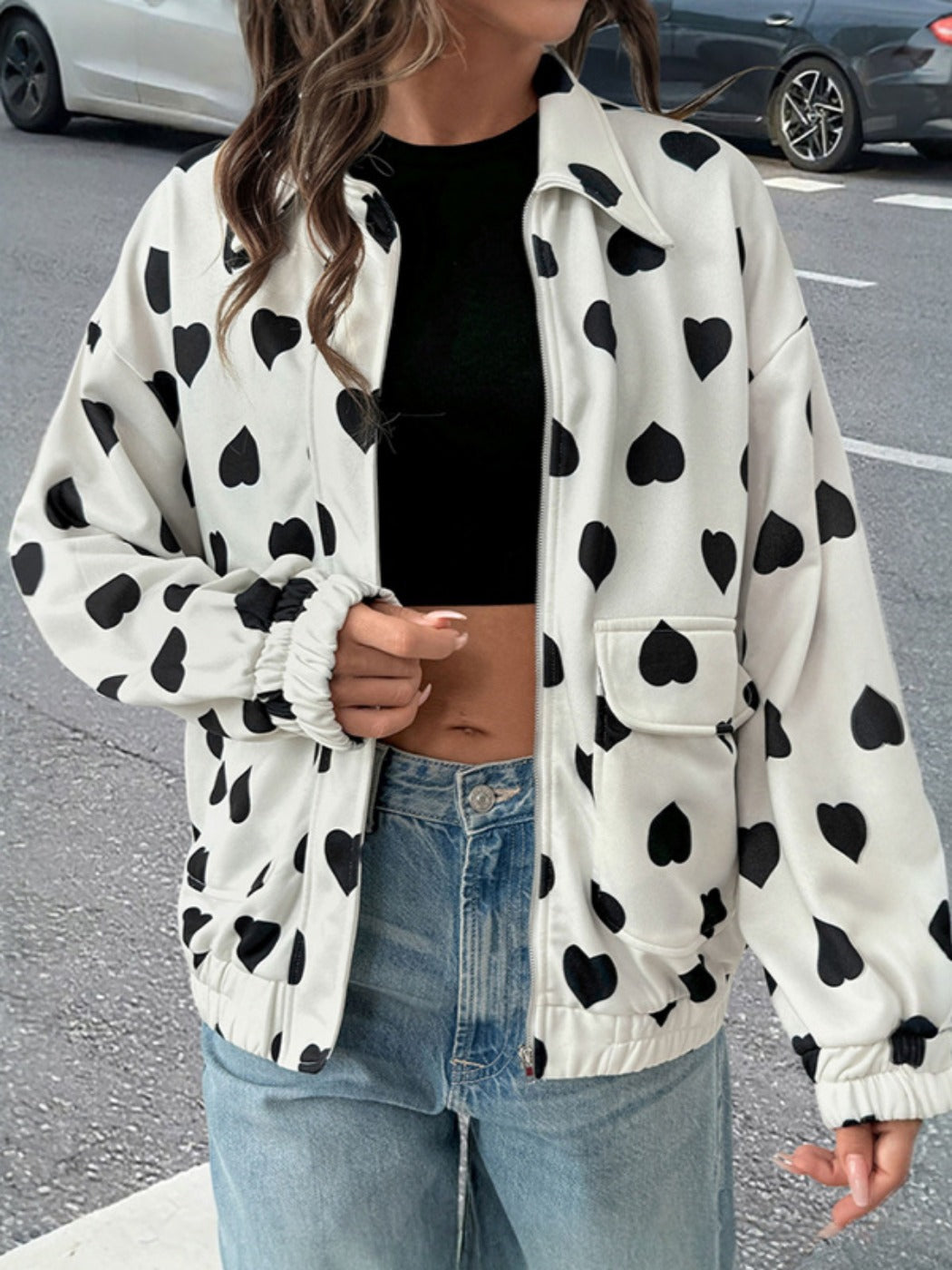Crosa - Sweet Street Style Heart-Print Zip-Up Jacket