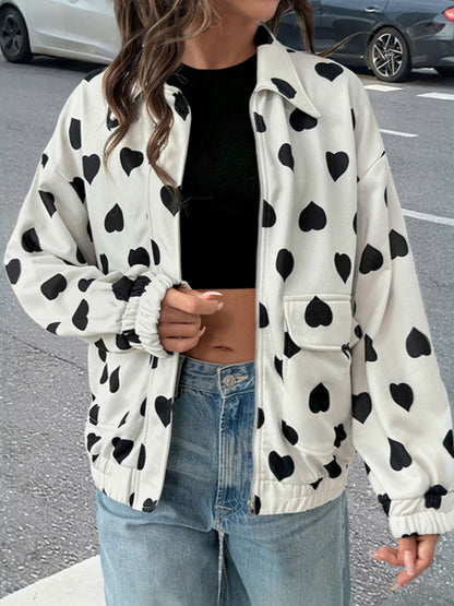 Crosa - Sweet Street Style Heart-Print Zip-Up Jacket