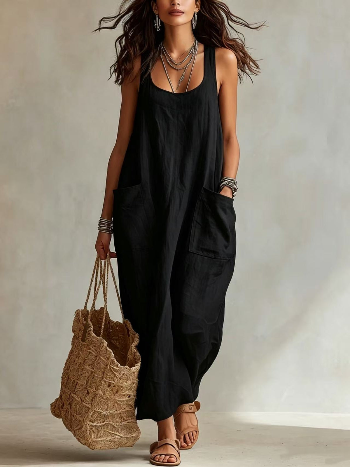 U-Neck Sleeveless Loose Pocket Maxi Dress, Casual Flowy Long Dress